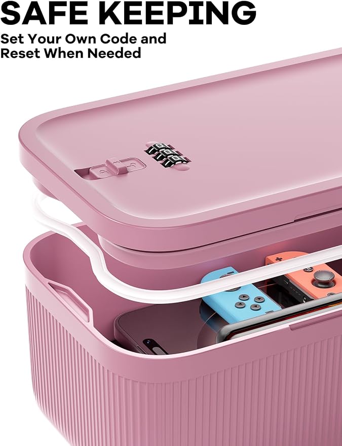 Small Lock Box for Medication Safe, Lockbox for Phone Jail, Medicine Lockable Storage Box with Code for Pills/First Aid Kits, Locked Food/Snack Box Container for Home/Fridge/Office (Pink)