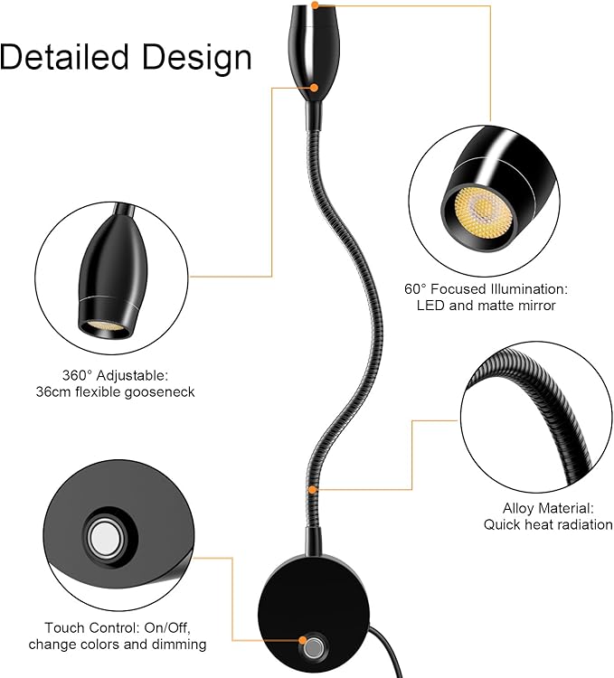 ERAY LED Wall Mounted Reading Light, Bedside Reading Lights for Bed with Touch Control, 3 Dimmable, 360°Flexible Gooseneck Headboard Book Reading Lamp Wall Sconce, 3000k-6000k-2 Pack
