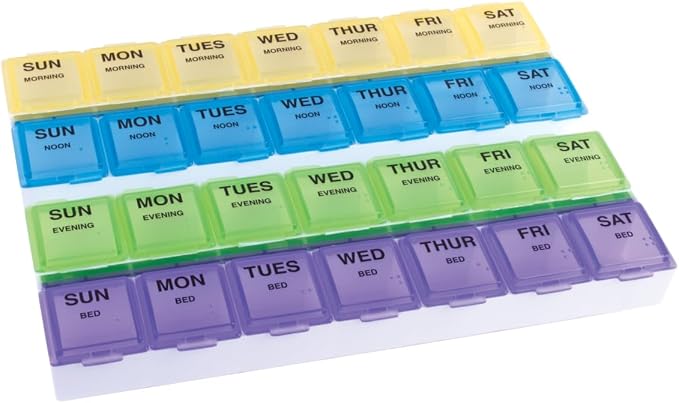 Ezy Dose Weekly 7-Day, 4x/Day Pill Organizer, Rounded Base, Large | Multi-Color Daily Pill Case, Medicine Planner, Vitamin Organizer, Supplement and Fish Oil Container, BPA Free
