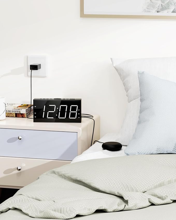 Roxicosly Alarm Clock for Heavy Sleepers with Bed Shaker, Dual Alarm Clock with USB Charger, 7.5" Large LED Display, Adjustable Brightness, Snooze, 12/24H & Battery Backup for Hard of Hearing/Deaf