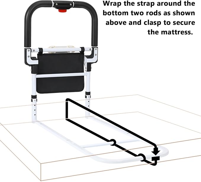 Bed Rails for Elderly Adults Safety with Foldable Non-Slip Handle, Adjustable Bed Assist Rails for Seniors, Handicap, Disable, Bed Assist Handle with Motion Light, Storage Pocket, White/Black