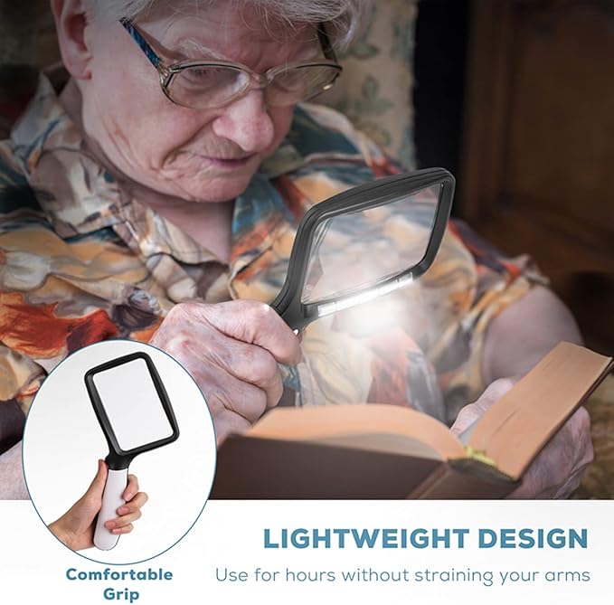 Folding Handheld Magnifying Glass with Light, 5X Large Rectangle Reading Magnifier with Dimmable LED for Seniors with Macular Degeneration, Newspaper, Books, Small Print, Lighted Gift for Low Visions
