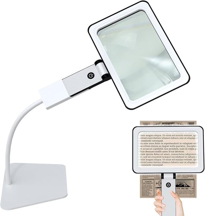 5X Tabletop Magnifying Glass with Light,Detachable and Foldable Acrylic Lenses Handheld Magnifying Glass,Lightweight Rectangular Flexible Gooseneck Magnifier for Seniors Reading、Close Work