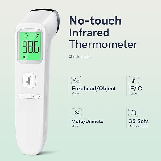 No-Touch Thermometer for Adults and Kids, Fast Accurate Digital Thermometer with Fever Alarm & Silent Mode, Easy-to-use, Forehead Thermometer for Babies, Kids & Elderly | Large LCD with 3-Color Backlight, Fever Indicator, Mute Mode, Memory Recall, Dule...