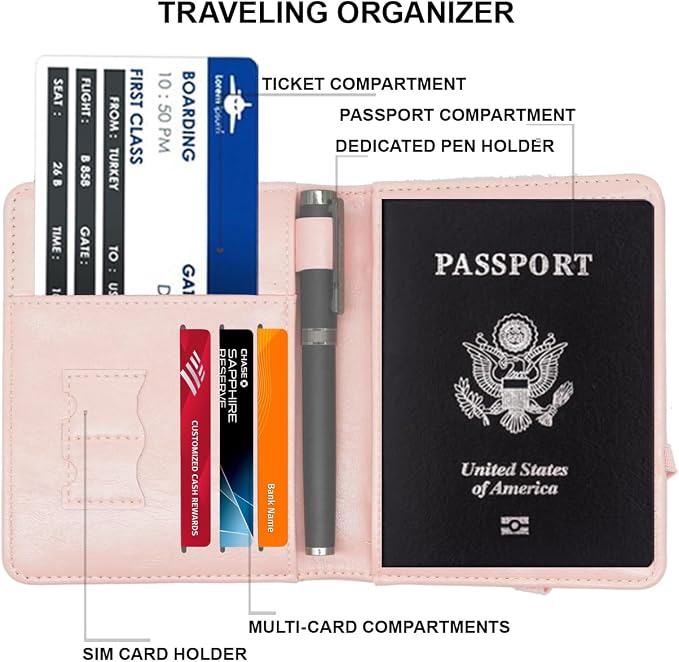 RFID Passport Wallet, RFID Passport Holder for Wallet, Essential Travel Anti-Theft Wallet Storage Case, Anti-Theft Protective Case,Pink