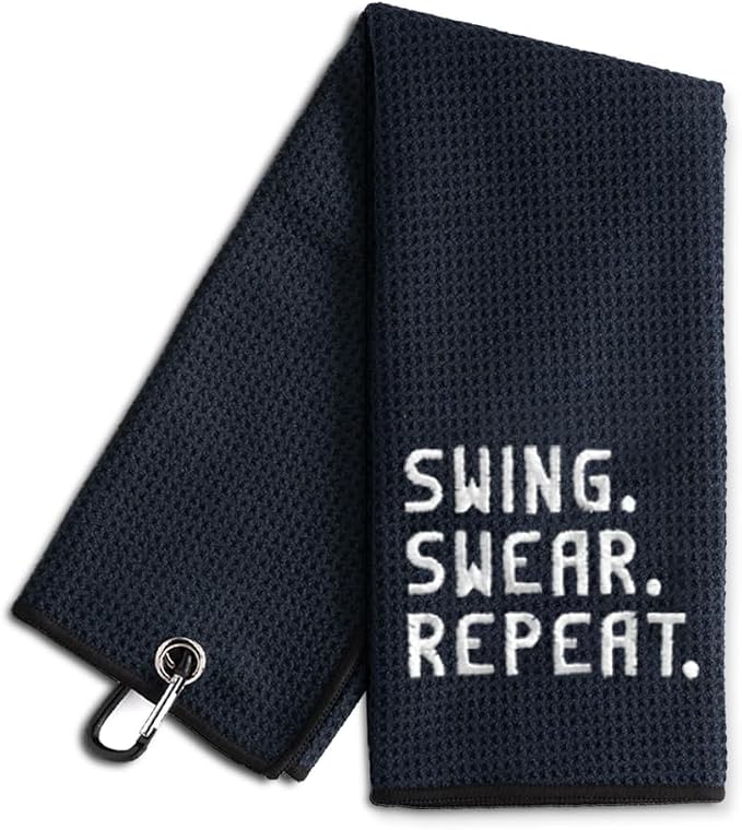 Swing Swear Repeat Embroidered Golf Towel, Funny Towels for Golf Bags with Clip, Golf Accessories for Men Women, Birthday Retirement Gifts for Grandpa Dad Golfer, Golfing Gifts for Grandpa Bro