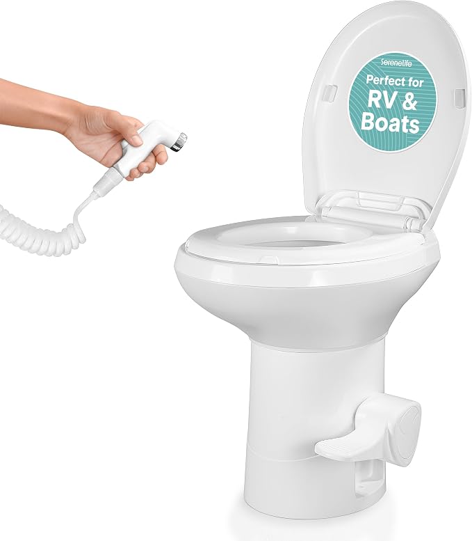 SereneLife RV Gravity Flush Toilet with Foot Pedal and Hand Sprayer | T-Type Full-Bowl Flush Coverage With Odor-Resistant Sealing For RVs, Boats, Campers, Trailers And Marine Bathrooms