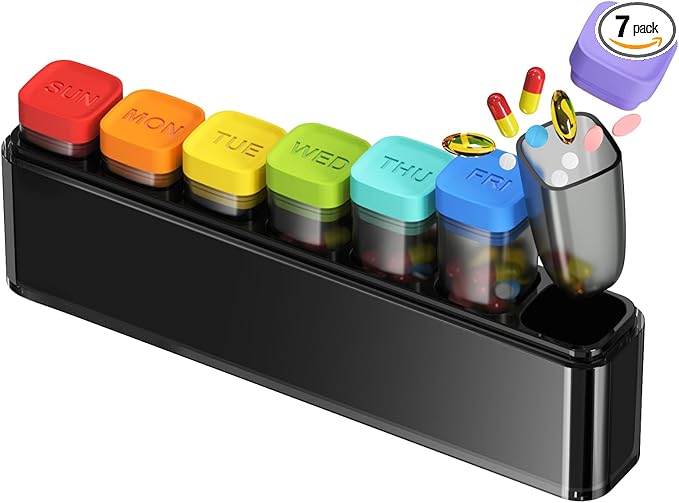 Weekly Pill Organizer 1 Time a Day, HIONXMGA Portable Detachable Travel Pill Box 7 Day, Large Once Daily Pill Holder Case, Color-Coded Dispenser for Vitamin Medicine Supplement Fish Oil, Black