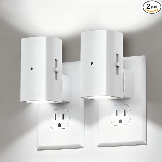 Brightown 2 Pack White Night Lights with Rotating Plug, Pure White | Modern Night Light with Rotating Plug, Dusk to Dawn Sensor, 0-100LM Stepless Dimming Night Light for Hallway Bedroom Bathroom