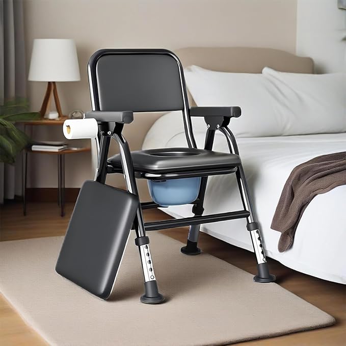 4-in-1 Folding Steel Bedside Commode Chair, Portable Toilet,Toilet Seat with Arms Handles and Back Support, Adults Potty Chair with Paper Roll Holder for Seniors, Disabled, and Pregnant (Black)