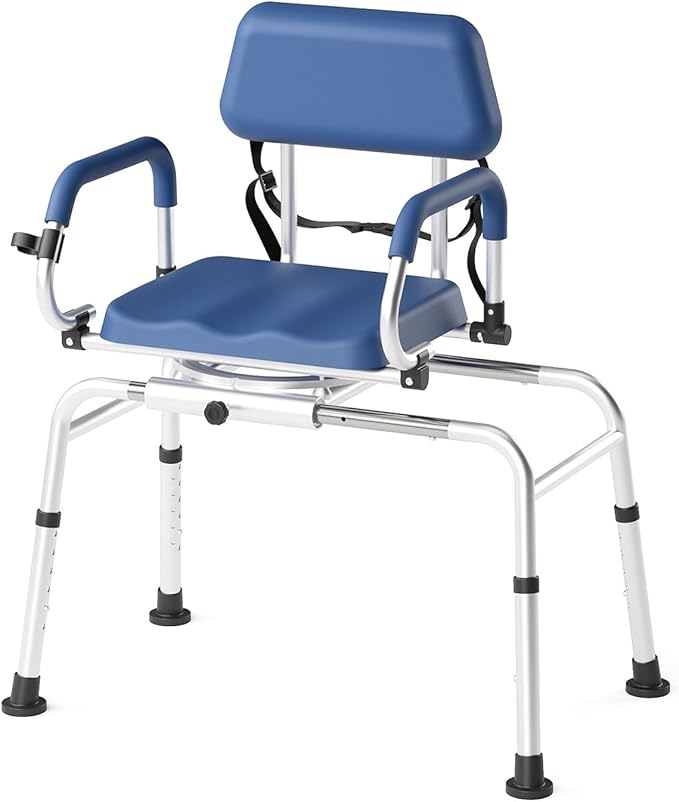 Sliding Shower Chair Tub Transfer Bench with Swivel Seat, Premium Padded Seat and Backrest, Pivoting Arms, Height Adjustable for Tubs, Inside Shower, for Handicap & Seniors，350 Lbs