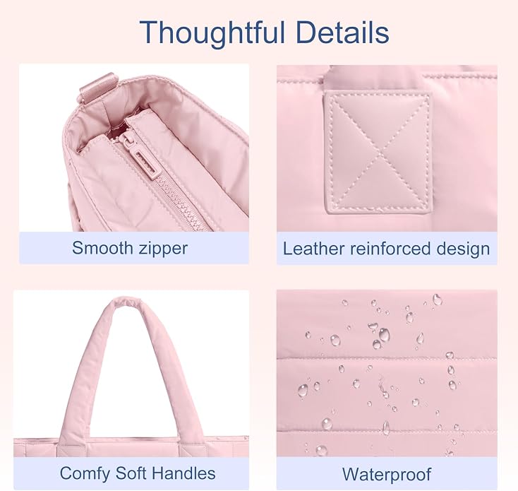 Puffer Tote Bag for Women Quilted Nurse Bag Lightweight Work Bag for Teacher Travel Handbag with Multiple Pockets