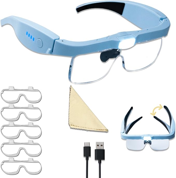 Professional Hands-Free Headset Magnifying Glasses with LED | 5 detachable lenses (0.75X-4.0X), rechargeable design, ideal headband magnifier for close work, jewelry & crafts