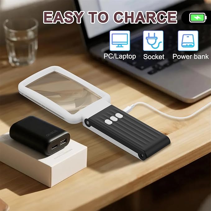 10X Magnifying Glass with Light and Stand, Real Glass Lens, Rechargeable Foldable Handheld Magnifier, 3 Color Modes Dimmable Lighted Page Magnifier for Reading Fine Prints, Low Vision Seniors