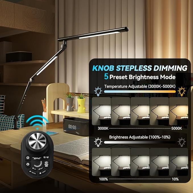 Dual Light Source LED Desk Lamp - Clamp Mount Office Table Light with Knob Remote Control, Adjustable Brightness & Color Temperature, 5 Lighting Modes for Reading, Computer, DIY