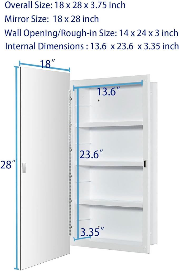 Plastic Medicine Mirror Cabinet for Bathroom 18 x 28 inch, Surface and Recessed Mount