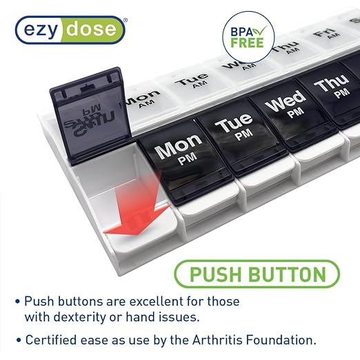 EZY DOSE Push Button (7-Day) Pill Case, Medicine Planner, Vitamin Organizer, 2 Times a Day AM/PM Container, X-Large Compartments, Arthritis Friendly, Effortless Open, Clear Lids, Blue/White, BPA Free
