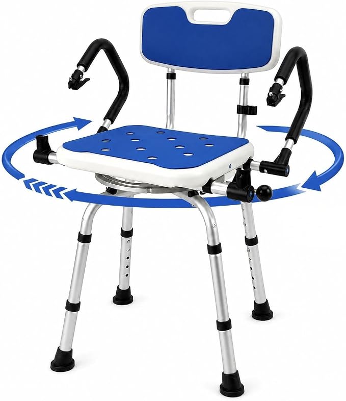 Deluxe Swivel Shower Chair with Arms & Back by CZMY, 360° Locking Seat, 5-Level Height Adjustable, Padded Heavy-Duty Bath Chair, 300 lbs, for Seniors, Elderly, & Disabled (Blue with Flip-Up Arms)