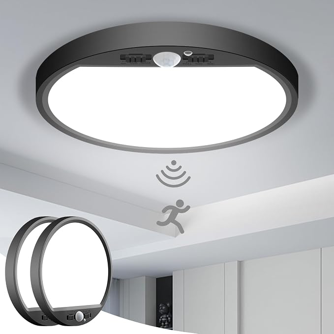 slochi 2Pack Motion Sensor Light Indoor Wired, 8.7 Inch 3000K/4000K/6500K Closet Lights Motion Sensored, 18W 1800LM Flush Mount Ceiling Light for Hallway Pantry Stairwell Porch, Black