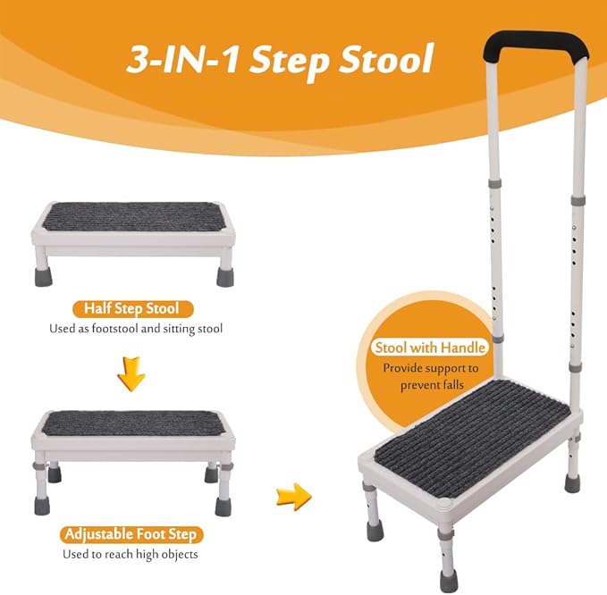 Step Stool with Handle for Elderly Adults, High Beds Steps Heavy Duty Metal Stepping Stool Mobility Aids Stand Assist, Medical Adjustable Bariatric Step Stool for Kitchen, Bedside, SUV, Bath - 400 lbs
