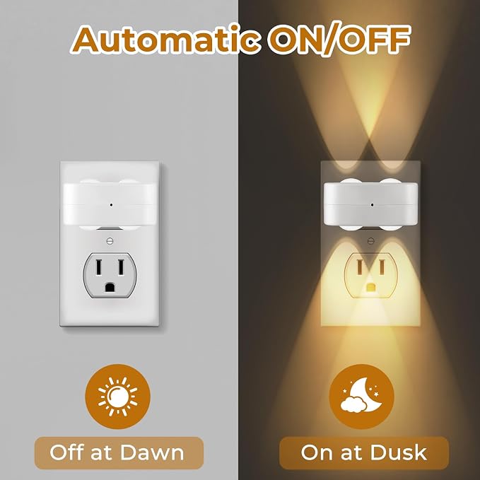 4 Pack Night Light, Plug-in Wall NightLights with Rotatable, Dusk to Dawn Sensor, 2700K Warm White 100 Lumens, Energy Saving 1W LED, for Kids Room Bedroom Bathroom Kitchen Hallway