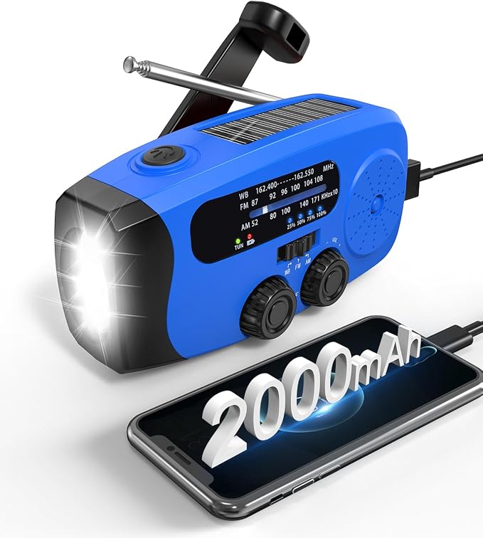 Hand Crank Radio with AM/FM/NOAA Weather Bands,for Emergencies, Camping | 3 LED Flashlights,SOS Function,Solar Powered,Hand Cranked, 2000mAh/7400mWh Charger,for Power Outage - Blue