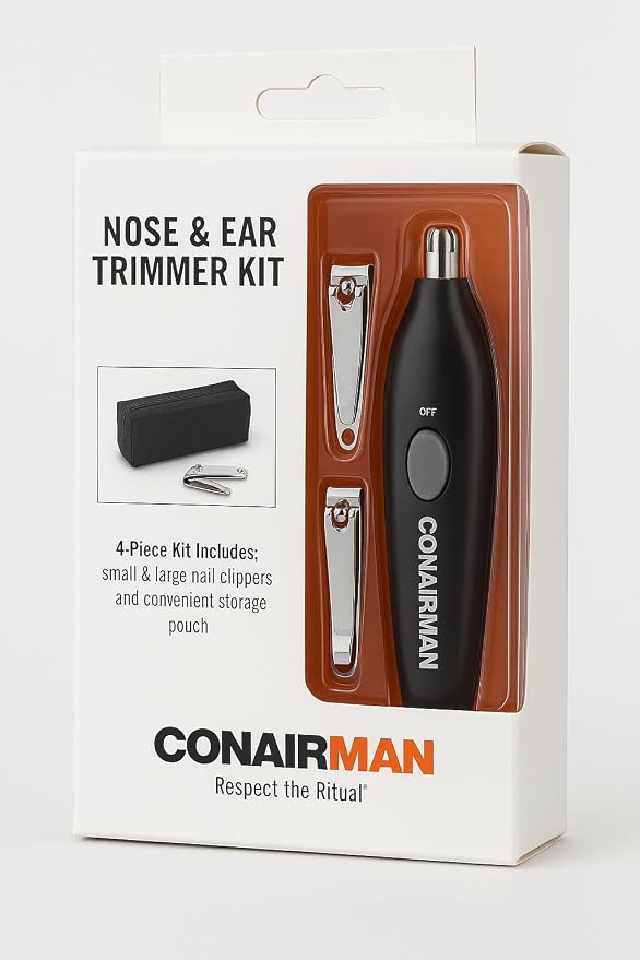 ConairMan Nose & Ear Trimmer Kit - 4 Piece Grooming Set with Nail Clippers and Storage Pouch