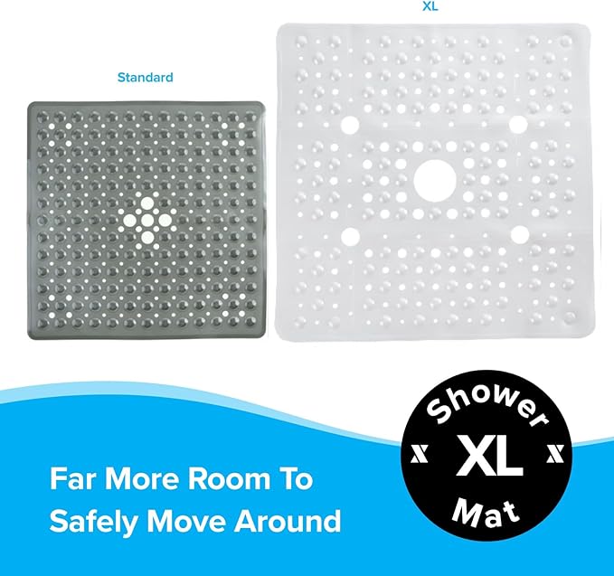 SlipX Solutions 27" Oversize Square Shower Mat, Non-Slip Mat for Elderly & Kids, 100+ Power Grip Suction Cups for Smooth Surfaces, Machine Washable, White Pearl