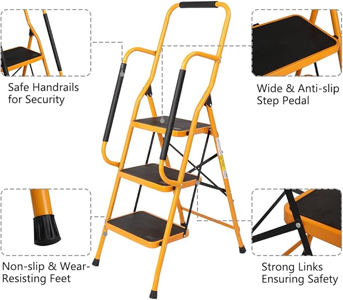 Winado 3 Step Ladder with Handrails, 330lbs Folding Step Stool, w/Non-Slip Side Armrests Large Pedal Area, Suitable for Home Office