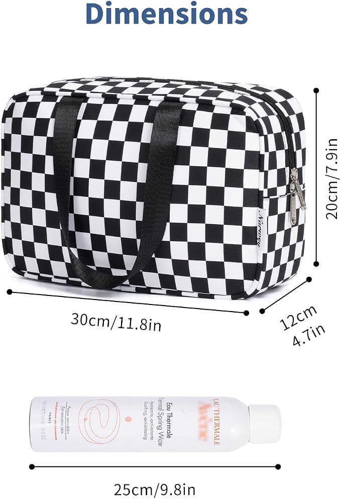 Narwey Large Toiletry Bag Women Cosmetic Bag Travel Makeup Bag Organizer Medicine Bag for Toiletries Essentials Accessories (Black Checkerboard, Large)