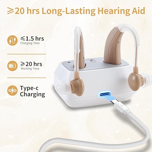 Hearing Aids For Seniors - Rechargeable Hearing Amplifier For Seniors Noise Reduction,4 Modes,Adjustable Volume, Comfort Design and Nearly Invisible,Behind The Ear,With Charging case（Khaki）