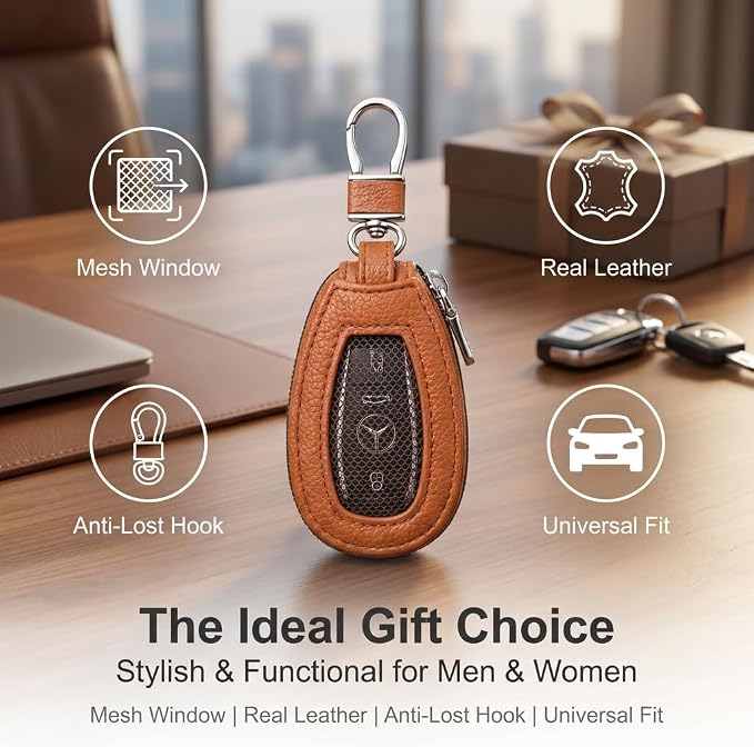 1PC Car Key Fob Case, Leather Car Key Holder for Purse, Automotive Smart Key fob Holder with Hook, for Remote Key Fob
