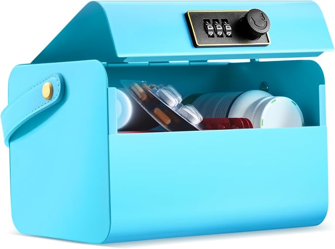 Honeydak Lock Box for Medication Metal Small Medicine Safe Pill Storage Box Portable Medicine Organizer with Combination Code and Handle for Refrigerator Fridge First Aid(Blue)