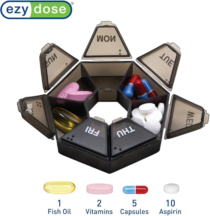 EZY DOSE 7-Day Weekly Pill Organizer, Daily Medicine Container and Vitamin Planner, Round Supplement Case, Compact, Travel Friendly, Portable Storage Sorter, 7-Sided Circle, Black, BPA Free