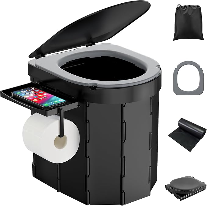 Portable Camping Toilet, Foldable Toilet for Adults with Detachable Phone Shelf and Toilet Paper Holder, Waterproof Porta Potty with Lid for Camping, Hiking, RV Travel, Road Trips