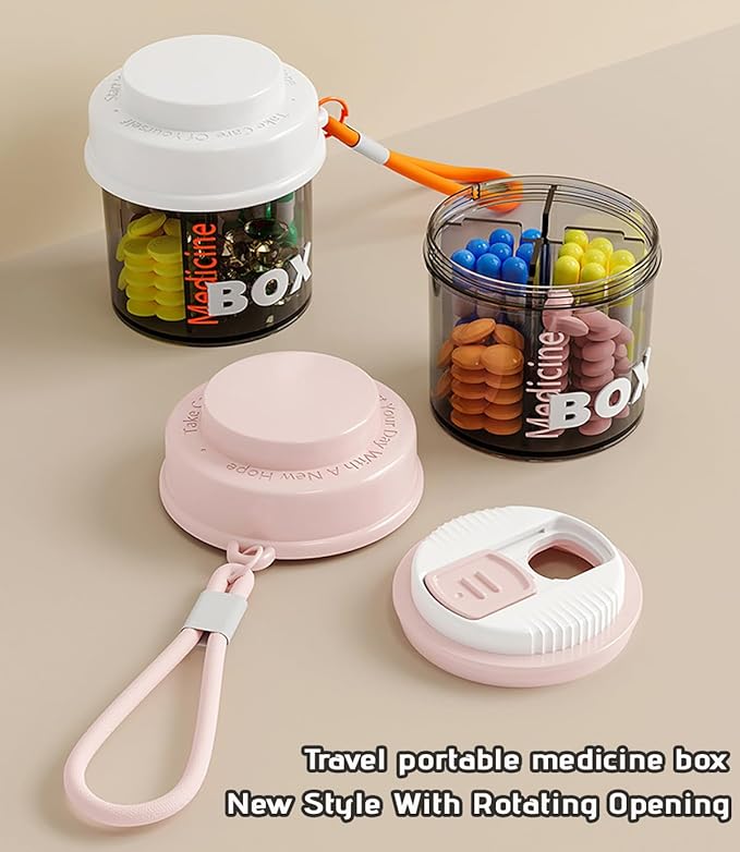 MURRI&MURRDI Small Portable Pill Bottle Organizer with 4 Compartments, Anti-Mixing Design, Wide Openings, Travel Personal Pill Container for Pocket Purse, Pink