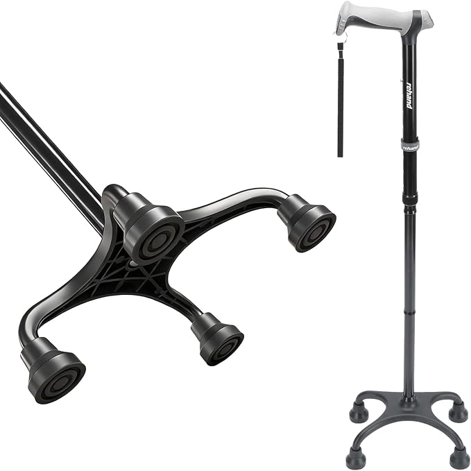 Rehand Quad Cane, Walking Cane with Ergonomic Handle Ever and Graceful 4-Pronged Base for Extra Stability, Adjustable Walking Sticks for Right or Left Handed Men & Women and Seniors