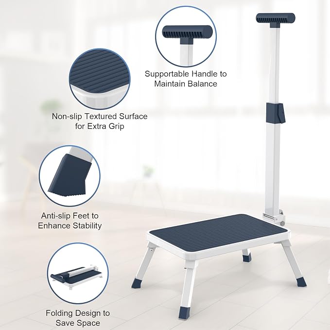 Folding Step Stool, Step Stools with Handle for Elderly Adults, Metal Stepping Stool with Adjustable Handrail in Kitchen, Bathroom, Bedroom, 330 Lbs Capacity