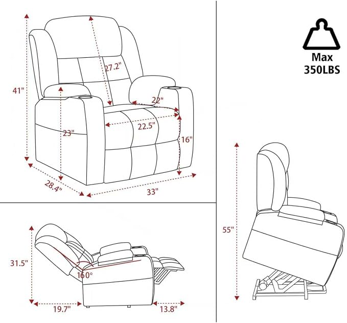 Ketaiyou Electric Power Lift Recliner Chair Sofa with Massage and Heat for Elderly, USB and Type-C Ports, Cup Holders, Infinite Position (NV Blue, Regular)