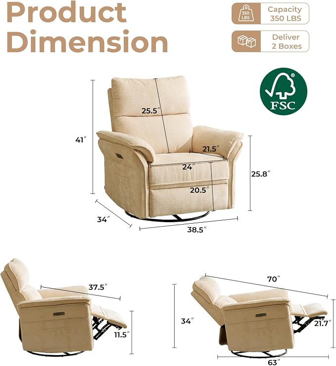 Oversized Power Recliner Chair Swivel Glider with Massage and Heat, Rocker Nursery Recliner for Adults with Adjustable Headrest, 24" Extra Wide Nursery Chair with Overstuffed Armrest,Beige