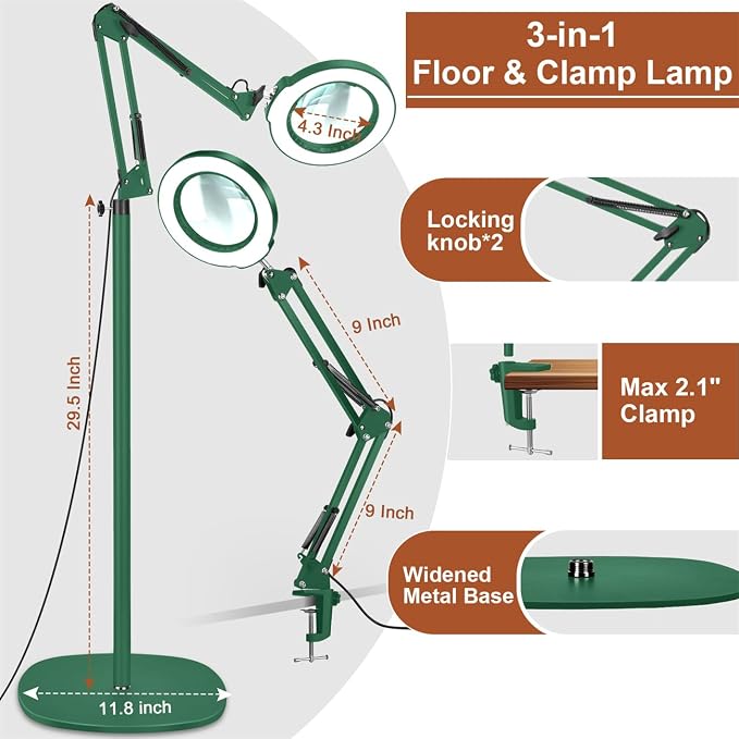 LANCOSC 15X Magnifying Glass with Light and Stand, 3-in-1 Adjustable Swing Floor Lamp, 5 Color Modes Stepless Dimmable, LED Lighted Hands Free Magnifier & Clamp for Reading, Crafts, Painting - Green