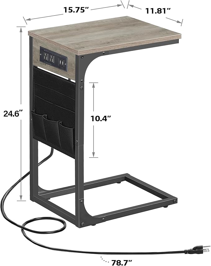 TUTOTAK C Shaped End Table with Charging Station, Side Table for Sofa | Couch Table with Storage Bag, TV Tray with 2 USB Ports and Outlets, Living Room and Bedroom, Greige TB01BG024