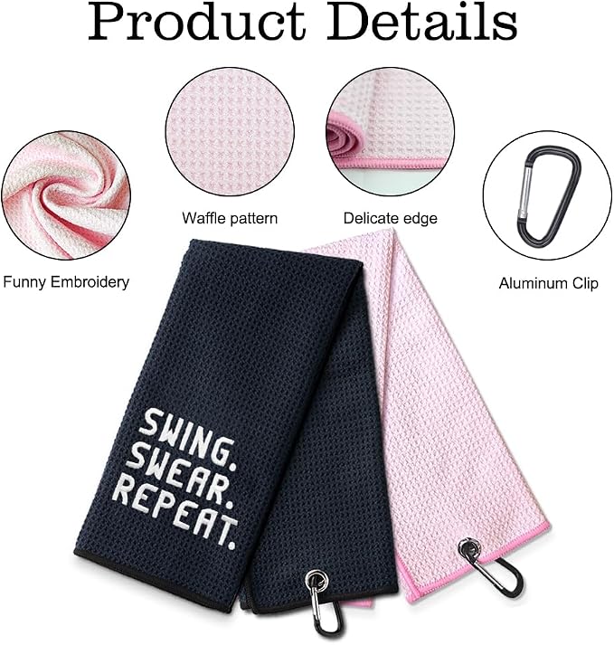 DYJYBMY Swing Swear Repeat Funny Embroidered Golf Towel Set, Pink Golf Accessories for Women Men, Birthday Anniversary Golfing Gifts for Husband Wife Couple, Retirement Gifts for Golfer Family Friend