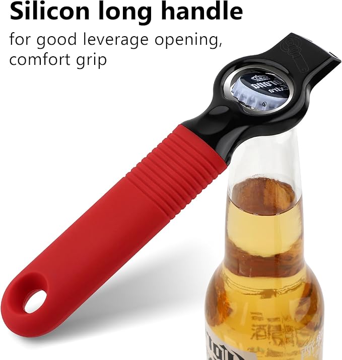 2-Pack Magnetic Beer Bottle Opener & Soda Can Opener, 2-in-1 Bottle Opener and Can Tab Opener Tool for Bartender, Long Nails, Arthritis, Seniors, Silicone Handle with Build in Magnet - Red