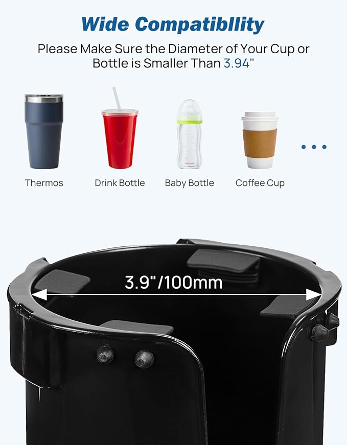 JOYTUTUS Wheelchair Cup Holder 2 Pack, 2-in-1 Walker Cup Holder with 6.4'' Storage Box, Drink Holder for Bottle with Handle, Fit for Wheelchair, Walker, Rollator, Stroller, Camper, Golf cart (Large)