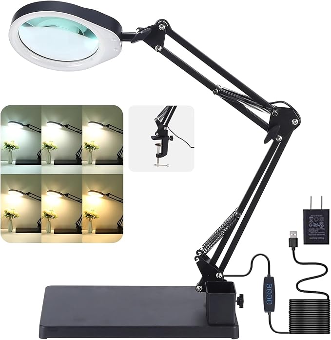 YOCTOSUN 10X Magnifying Glass Lamp with 6 Color Modes Stepless Dimmable, 96 LEDs and 5" Real Glass Lens, Adjustable Swivel Arm Desk Magnifier with Light and Stand for Crafts Hobby Close Work