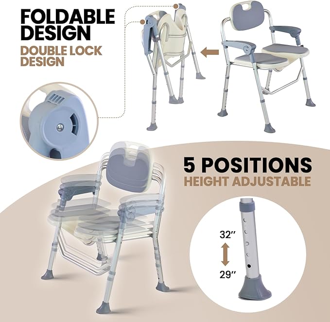 Folding Shower Chair, U Shape Shower Chair with 5-Level Adjustable, Non-Slip Feet for Private Washing, Elderly, Disabled, Seniors & Pregnant, Heavy Duty Shower Chair
