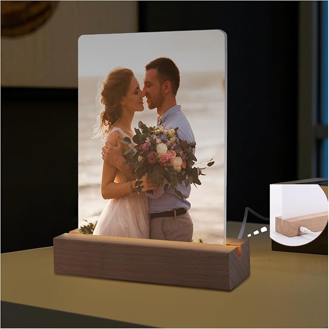 4 Pack 5" x 7" Sublimation led Acrylic Photo Frames Night Lights Blanks Heart Shape,with Warm Color Light with Wood Stand for Heat Press Machine Printing