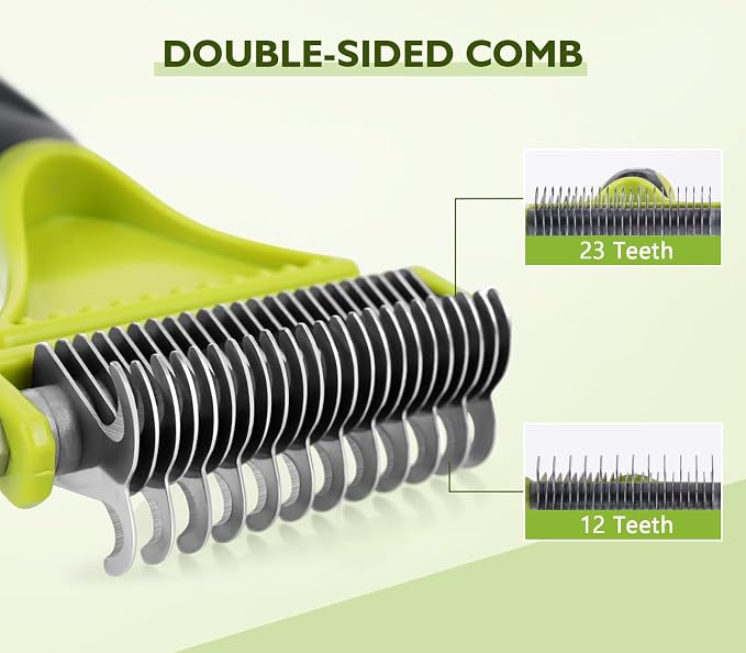 Pecute Double-Sided Undercoat Rake for Dogs & Cats with Thick Double Coats | 12/23-teeth removes mats & undercoat, 304 stainless steel, Gentle on skin, For heavy shedding, long/thick/double coats