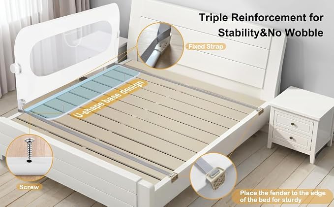 59 Inch Bed Rail for Toddlers,Swing Down Kids Bed Rails Guard for Twin,Full,Queen,Bunk Size Bed,Extra Tall Child Bed Rail Guard with Reinforced Anchor Safety System,59" L x 29.5" H,White